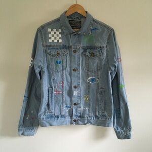 Brooklyn Cloth Savage Graffiti Blue Denim Jean Jacket Mens Sz M Doodles Allover